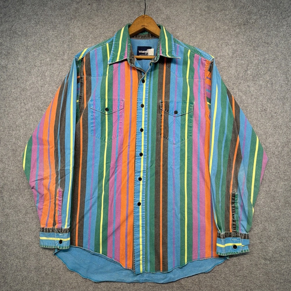 Vintage Wrangler Brushpopper Men's Size XL Blue Pink Striped Button Up 90s